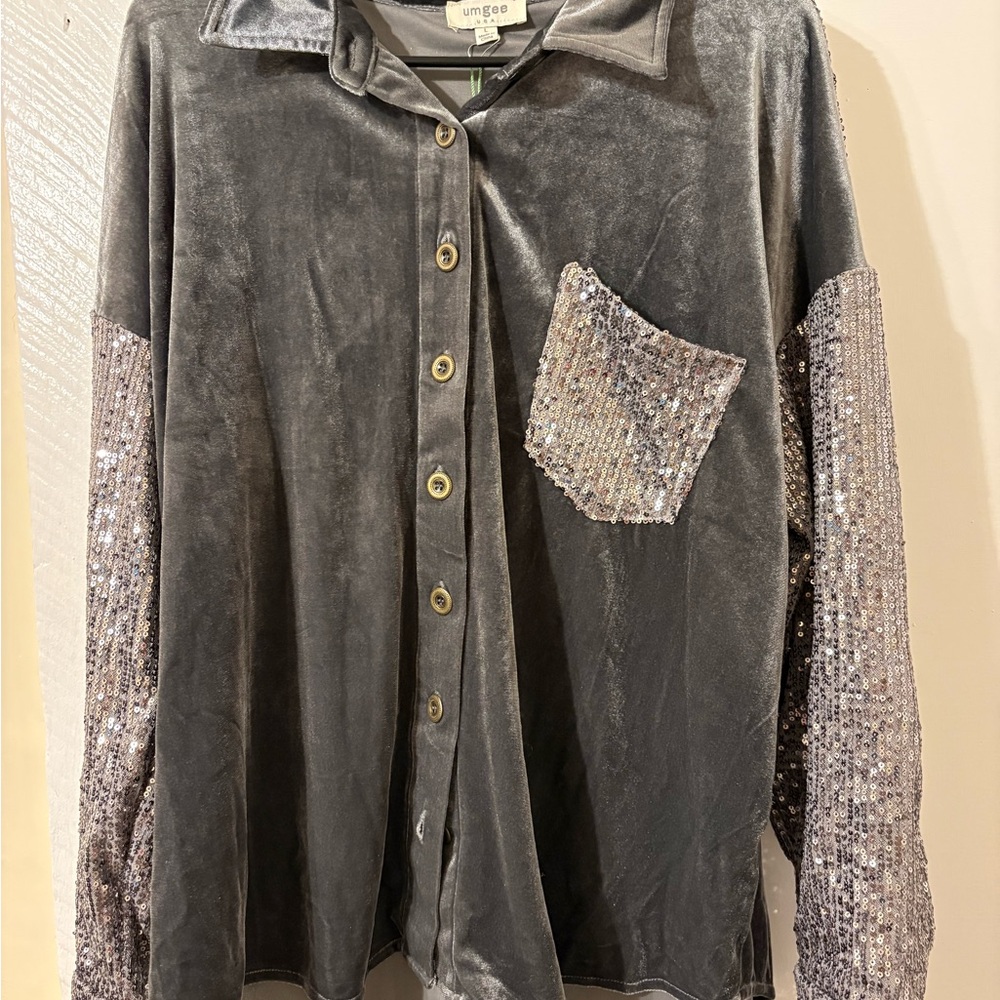 Umgee Gray Velvet Button-Up with Sequin Pocket & Sleeves